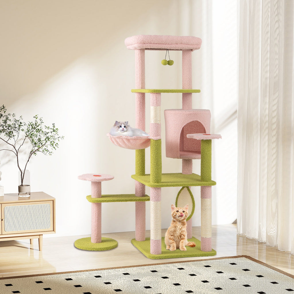 58 Inch Tall Multi-Level Cat Tree Aesthetic Floral Kitten Tower-Pink - Majestic Pet Kingdom