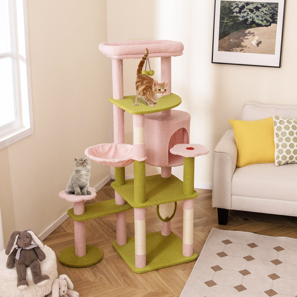 58 Inch Tall Multi-Level Cat Tree Aesthetic Floral Kitten Tower-Pink - Majestic Pet Kingdom