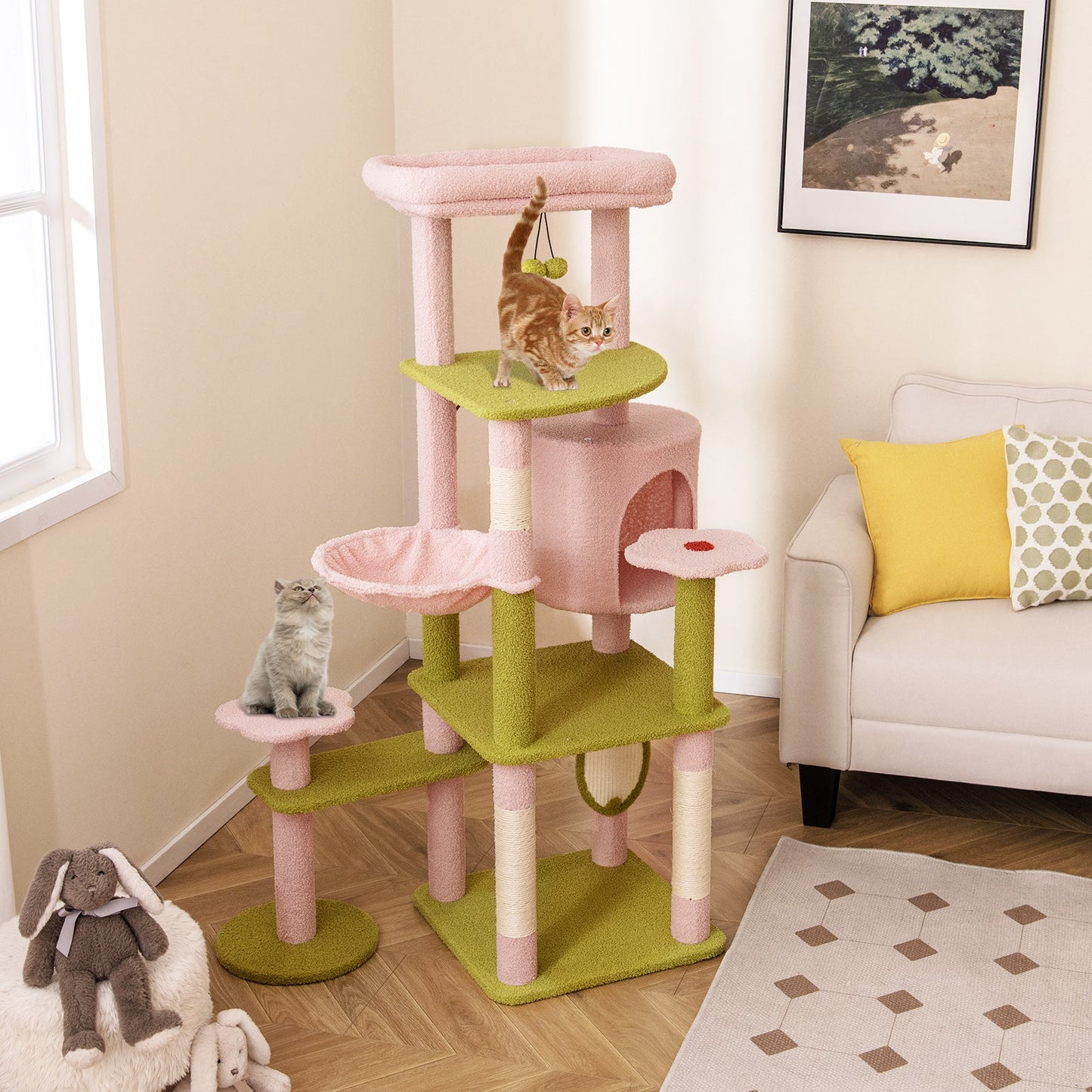 Cat Tree 58-Inch Multi-Level Tower Floral Flower Theme Pink - Detail Angle 2 | Majestic Pet Kingdom