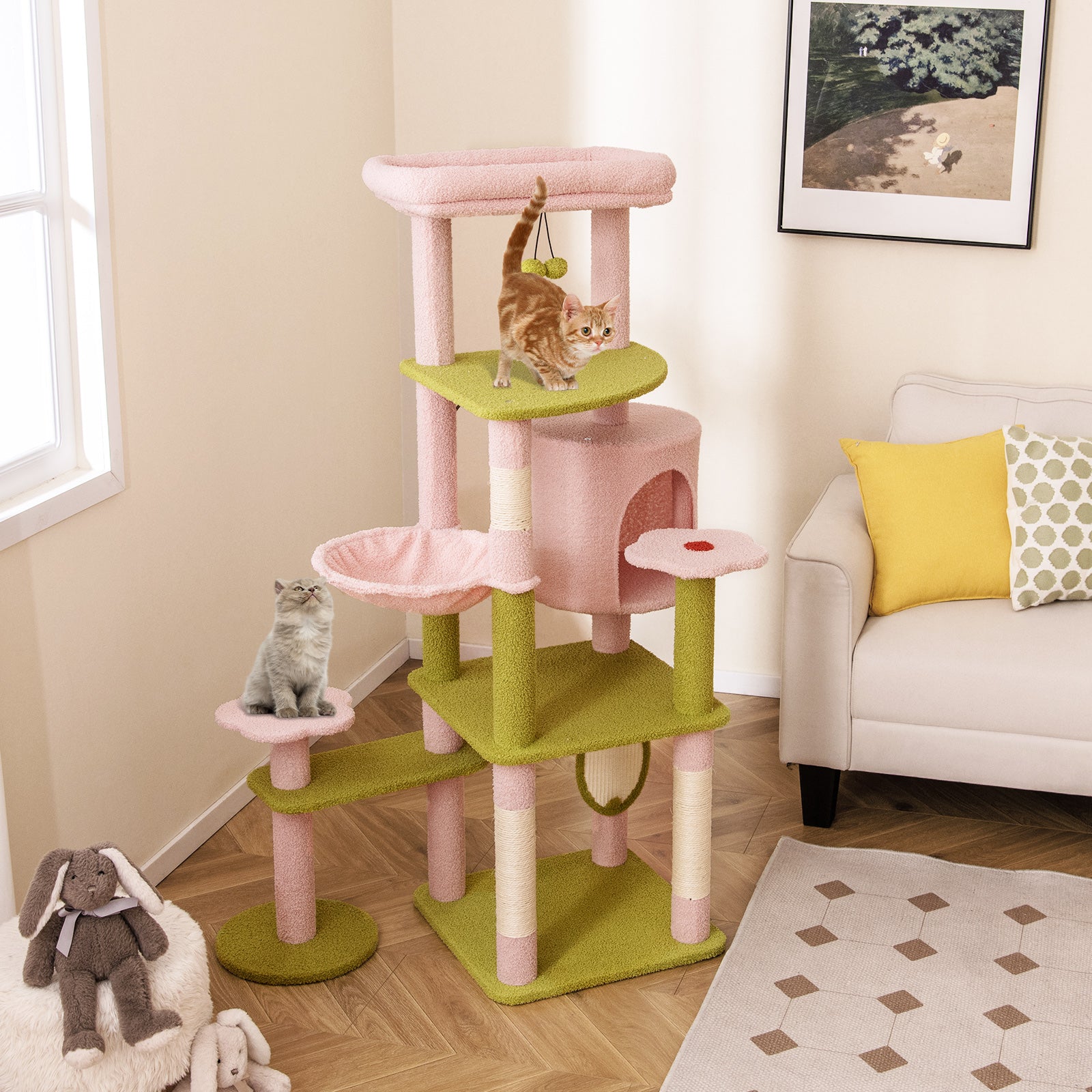 58 Inch Tall Multi-Level Cat Tree Aesthetic Floral Kitten Tower-Pink - Majestic Pet Kingdom