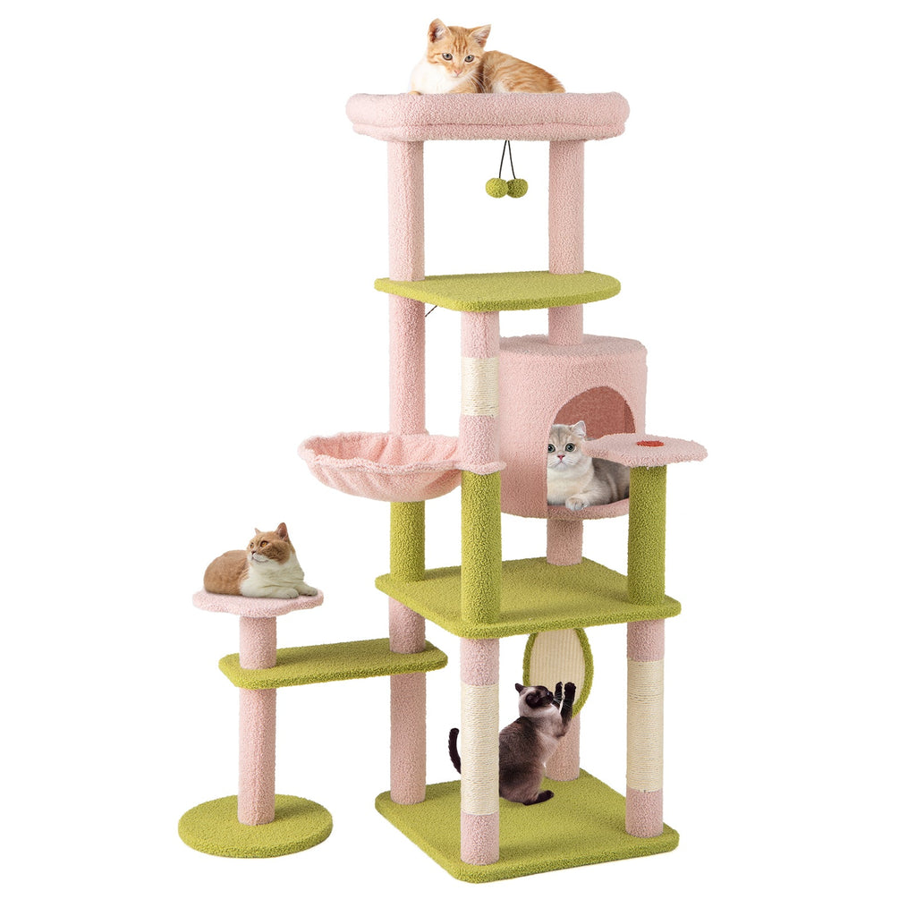 58 Inch Tall Multi-Level Cat Tree Aesthetic Floral Kitten Tower-Pink - Majestic Pet Kingdom