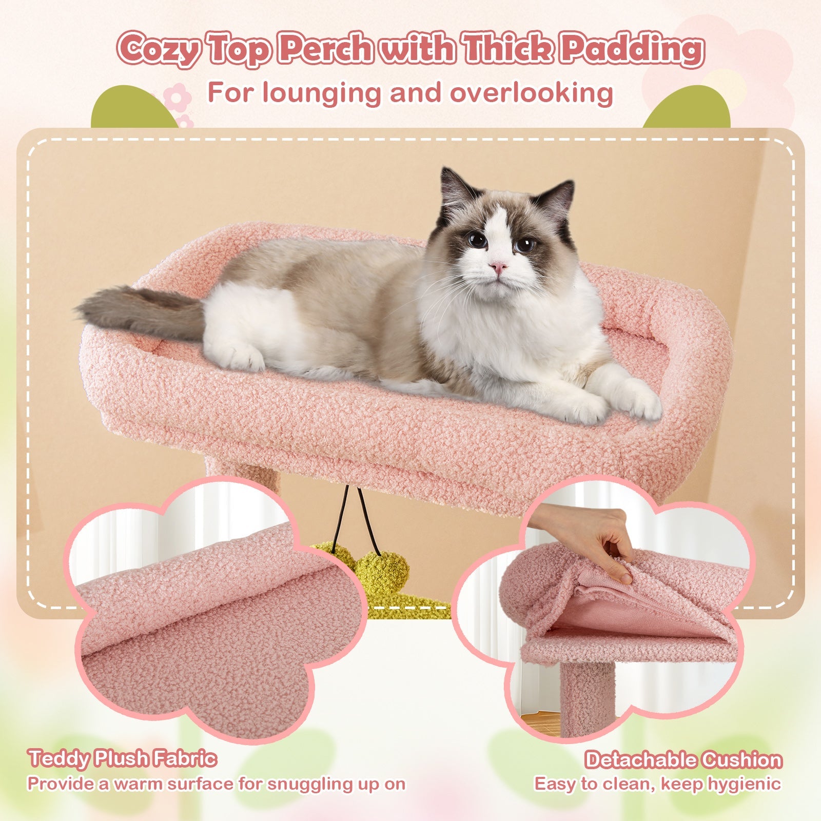 58 Inch Tall Multi-Level Cat Tree Aesthetic Floral Kitten Tower-Pink - Majestic Pet Kingdom