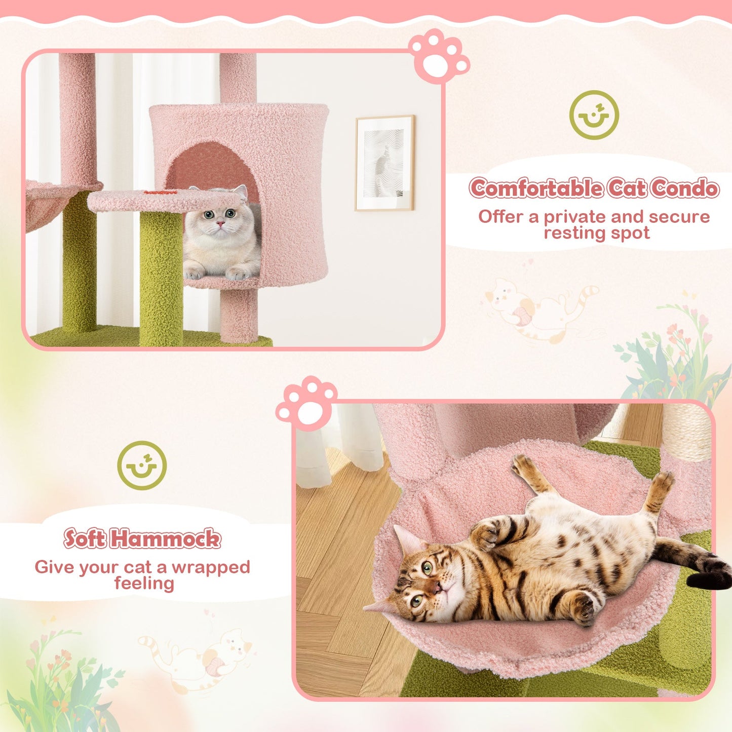 Cat Tree 58-Inch Multi-Level Tower Floral Flower Theme Pink - Detail Angle 7 | Majestic Pet Kingdom