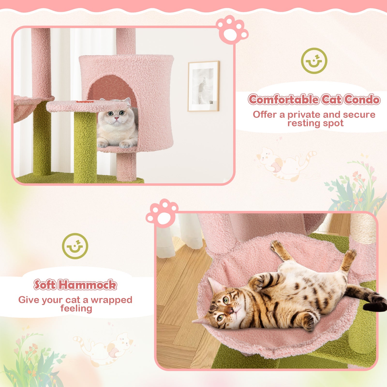 58 Inch Tall Multi-Level Cat Tree Aesthetic Floral Kitten Tower-Pink - Majestic Pet Kingdom