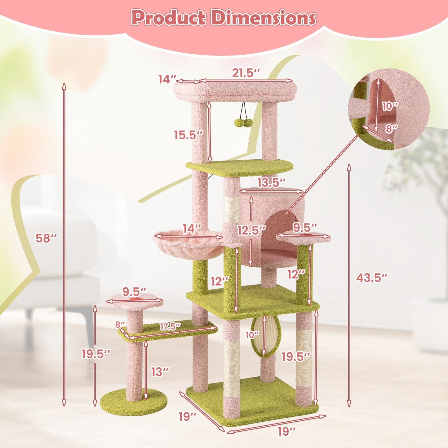 Cat Tree 58-Inch Multi-Level Tower Floral Flower Theme Pink - Detail Angle 5 | Majestic Pet Kingdom