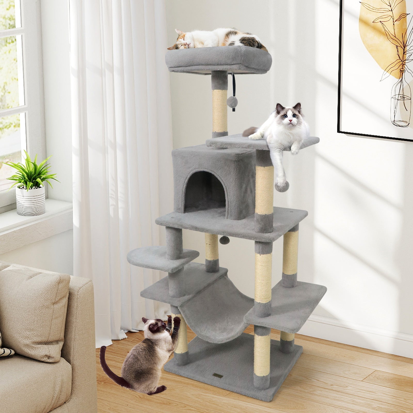 58" Multi-Level Cat Tree Soft Plush Cat Tower with Padded Top Perch - Majestic Pet Kingdom