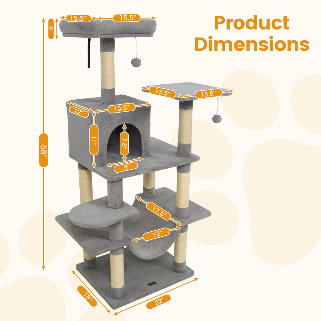 58" Multi-Level Cat Tree Soft Plush Cat Tower with Padded Top Perch - Majestic Pet Kingdom