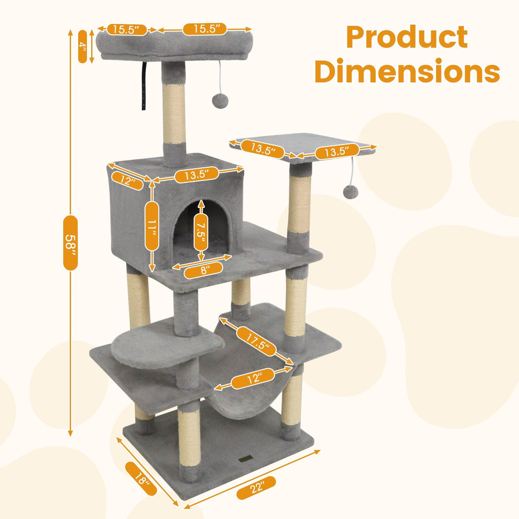 58" Multi-Level Cat Tree Soft Plush Cat Tower with Padded Top Perch - Majestic Pet Kingdom