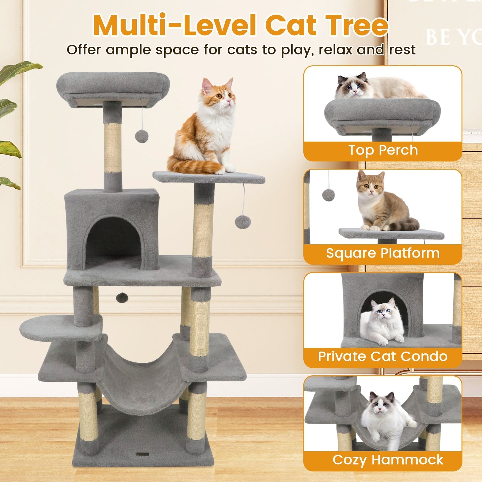 58" Multi-Level Cat Tree Soft Plush Cat Tower with Padded Top Perch - Majestic Pet Kingdom