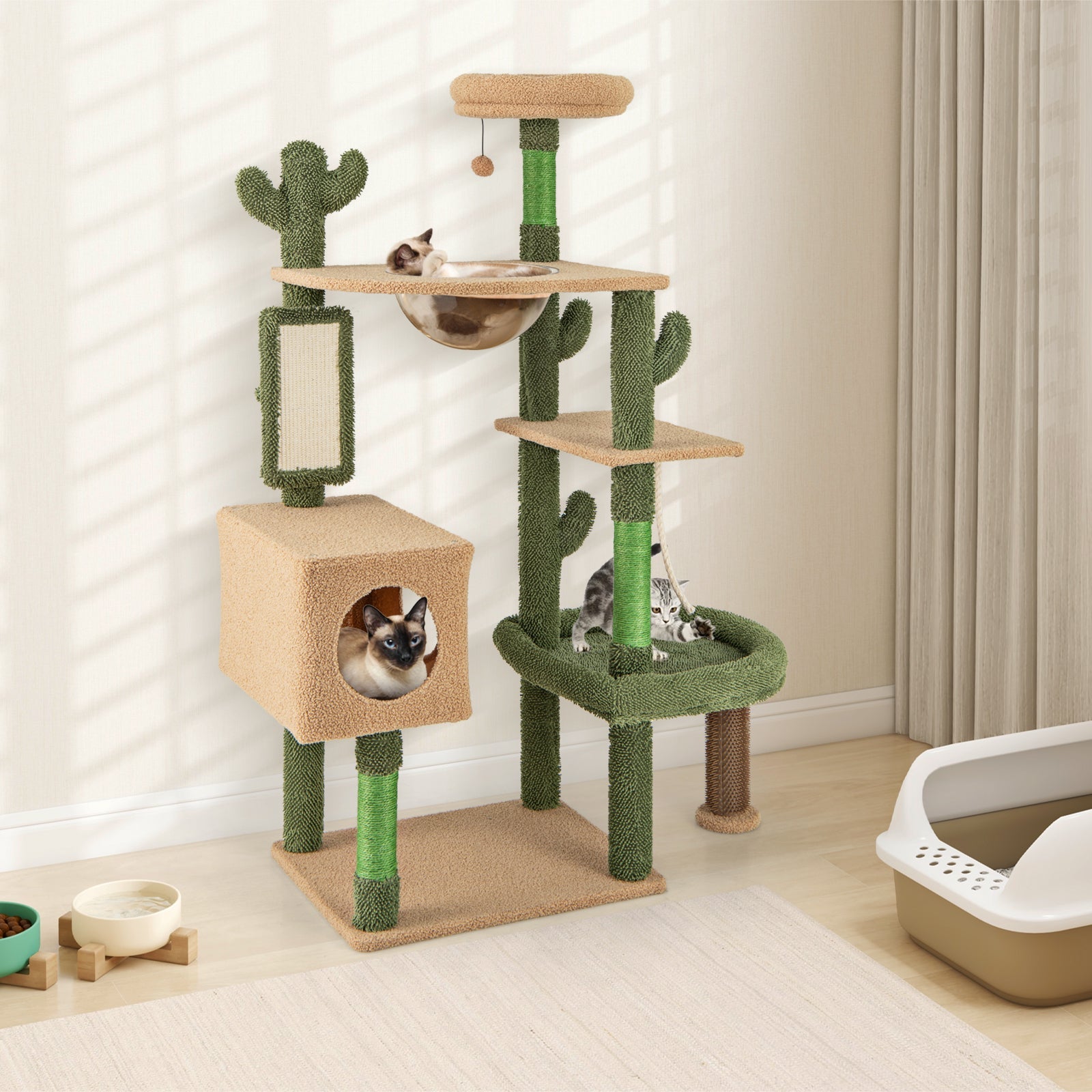 59 Inch Multilevel Cactus Cat Tree with Scratching Posts Cando Toy and Rope-Green - Majestic Pet Kingdom