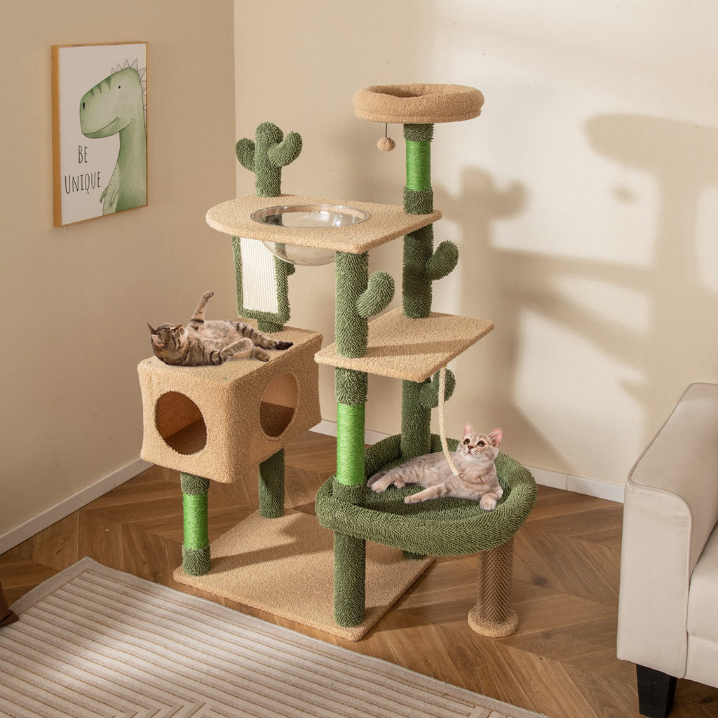 59 Inch Multilevel Cactus Cat Tree with Scratching Posts Cando Toy and Rope-Green - Majestic Pet Kingdom