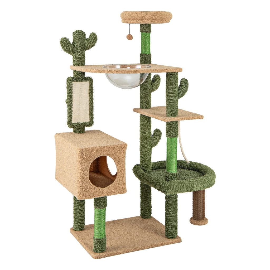59 Inch Multilevel Cactus Cat Tree with Scratching Posts Cando Toy and Rope-Green - Majestic Pet Kingdom