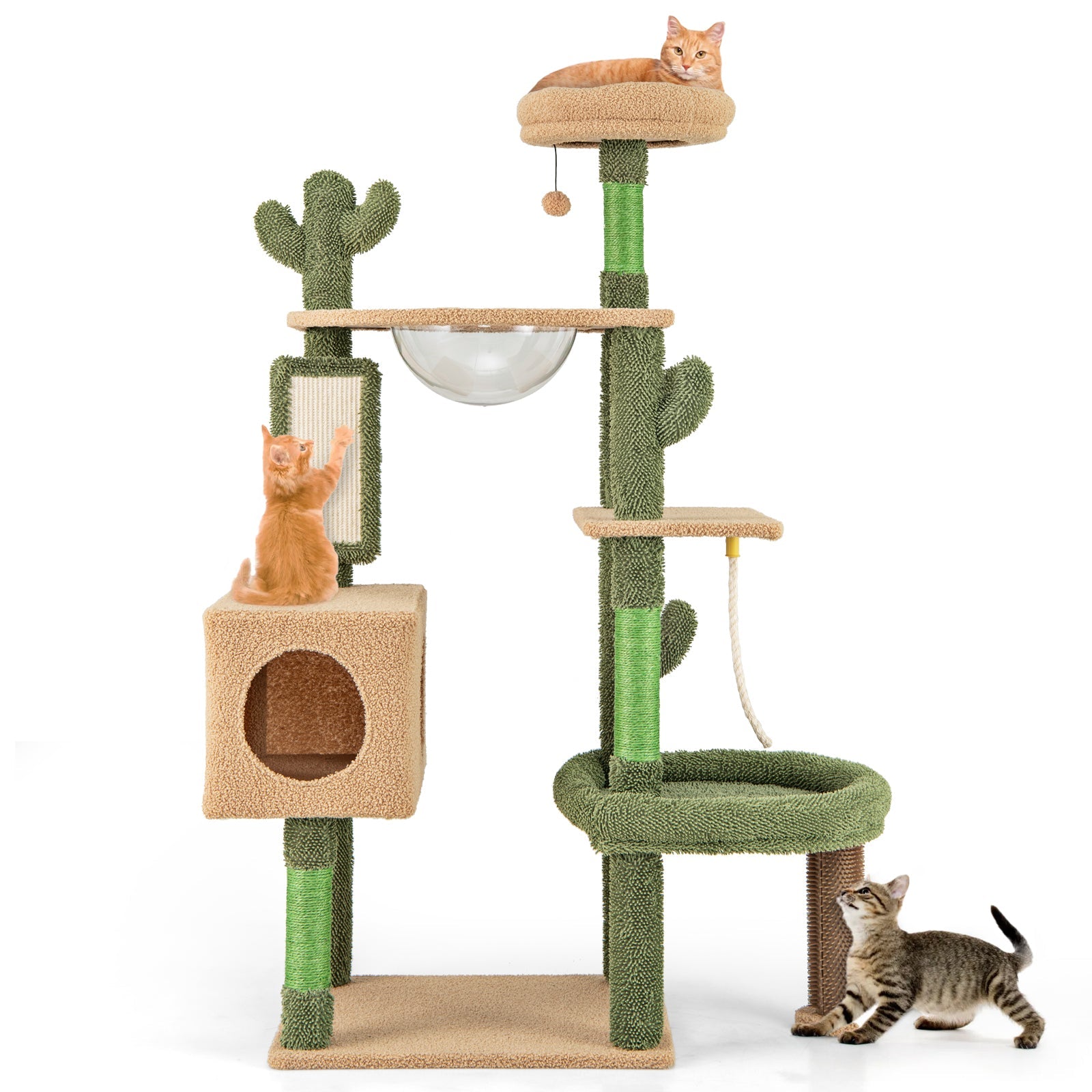 59 Inch Multilevel Cactus Cat Tree with Scratching Posts Cando Toy and Rope-Green - Majestic Pet Kingdom