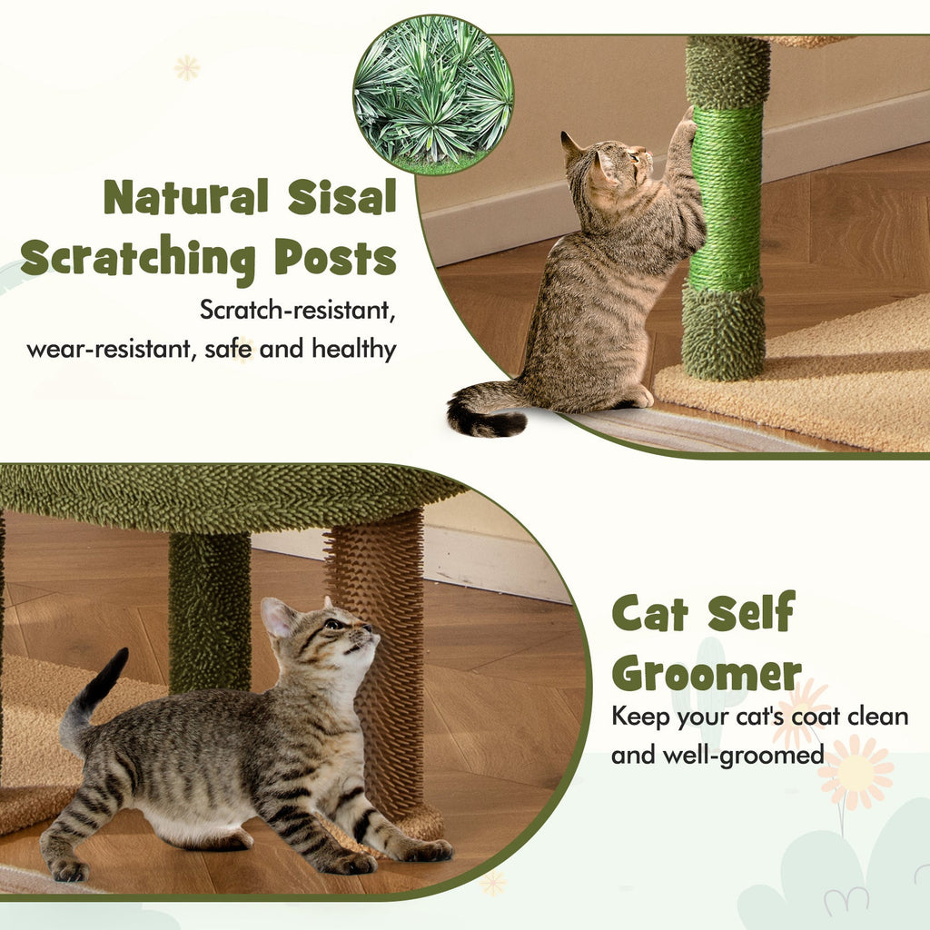 59 Inch Multilevel Cactus Cat Tree with Scratching Posts Cando Toy and Rope-Green - Majestic Pet Kingdom