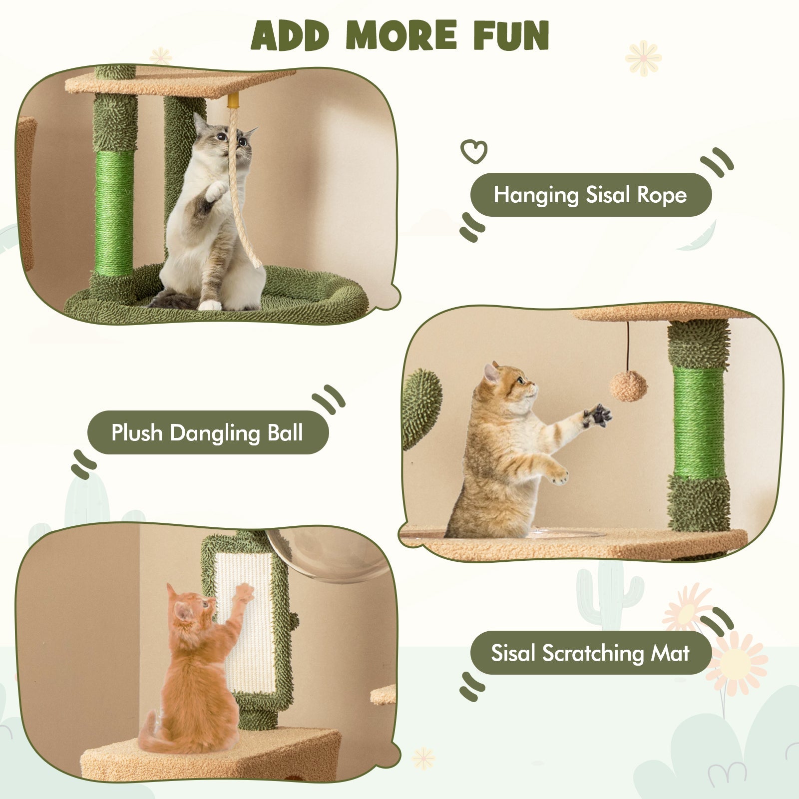 59 Inch Multilevel Cactus Cat Tree with Scratching Posts Cando Toy and Rope-Green - Majestic Pet Kingdom