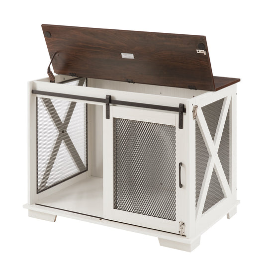 Dog Crate Furniture Farmhouse Sliding Barn Door Kennel End Table - Detail Angle 2 | Majestic Pet Kingdom