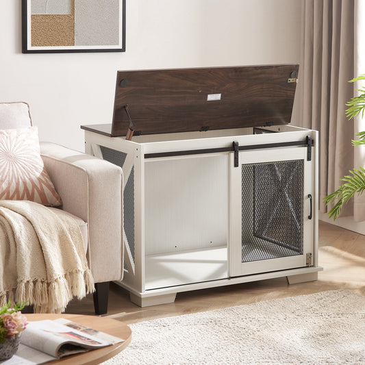 Farm kennel Flat noodles furniture with sliding barn door, farm wooden kennel end table, dog house with removable partition | Purrfect Pet Kingdom
