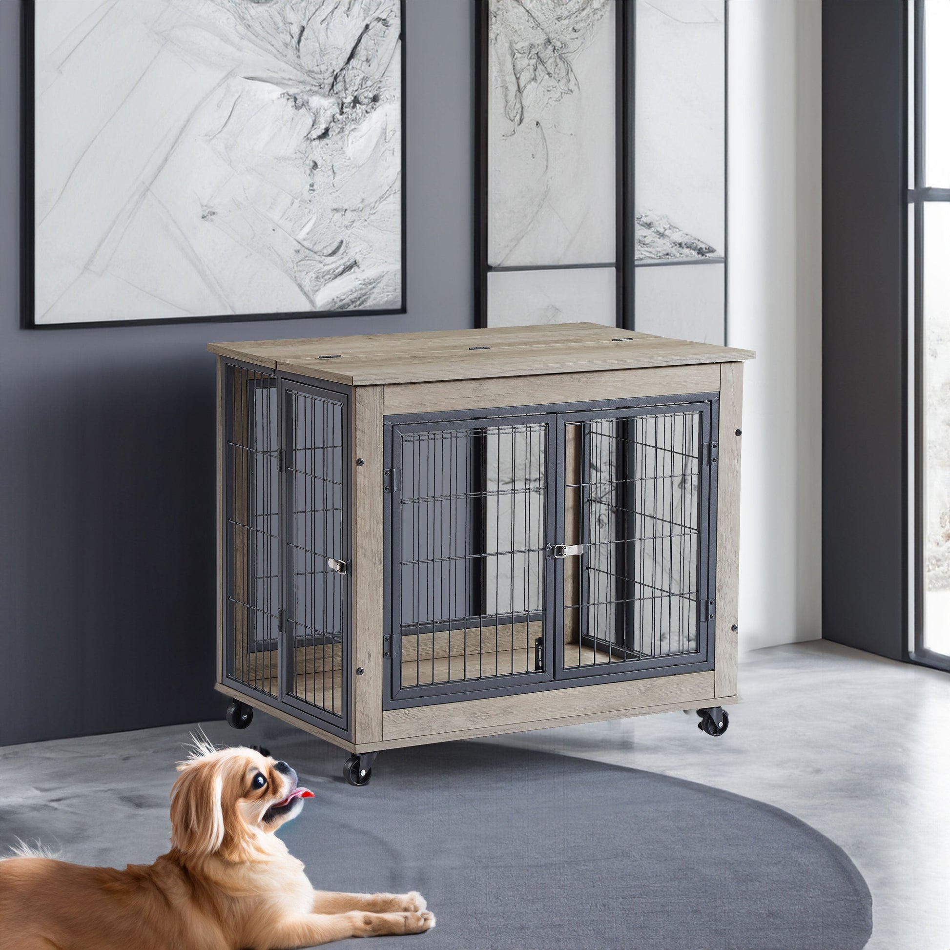 Dog Crate Furniture 31.5in Wooden Rolling Cage Double Door Gray - Main Feature View | Majestic Pet Kingdom