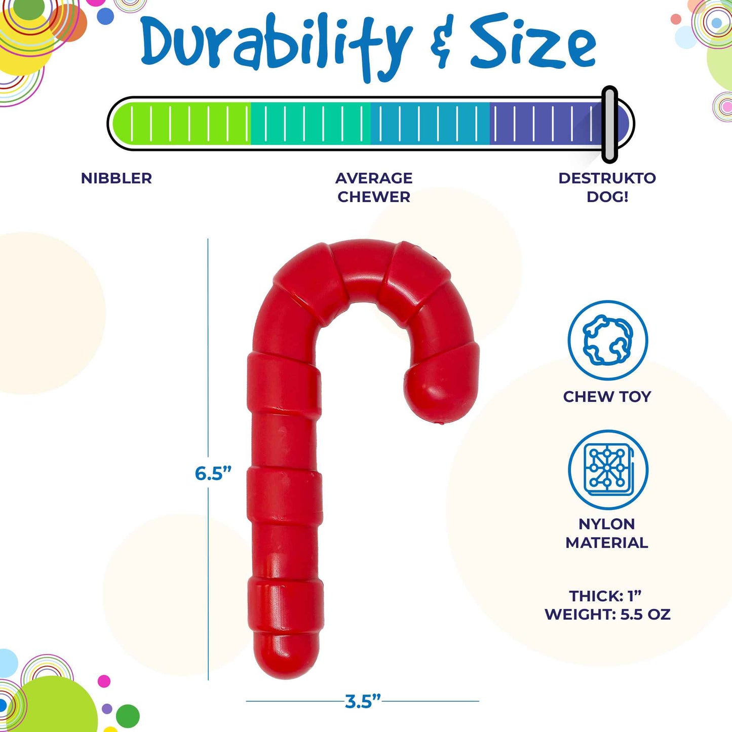 Dog Chew Toy Candy Cane Holiday Nylon Aggressive Chewers USA - Detail Angle 4 | Majestic Pet Kingdom