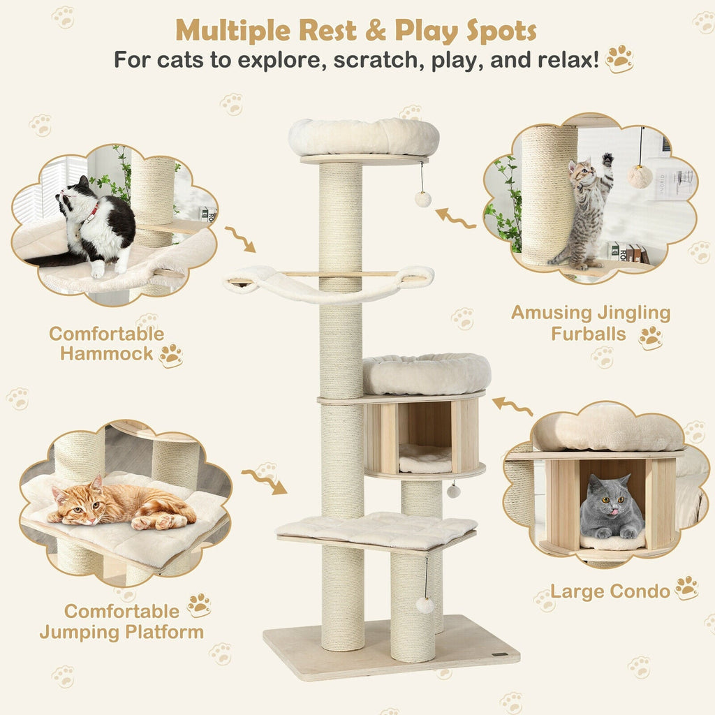 4-Layer 68.5-Inch Wooden Cat Tree Condo Activity Tower with Sisal Posts-Natural - Majestic Pet Kingdom