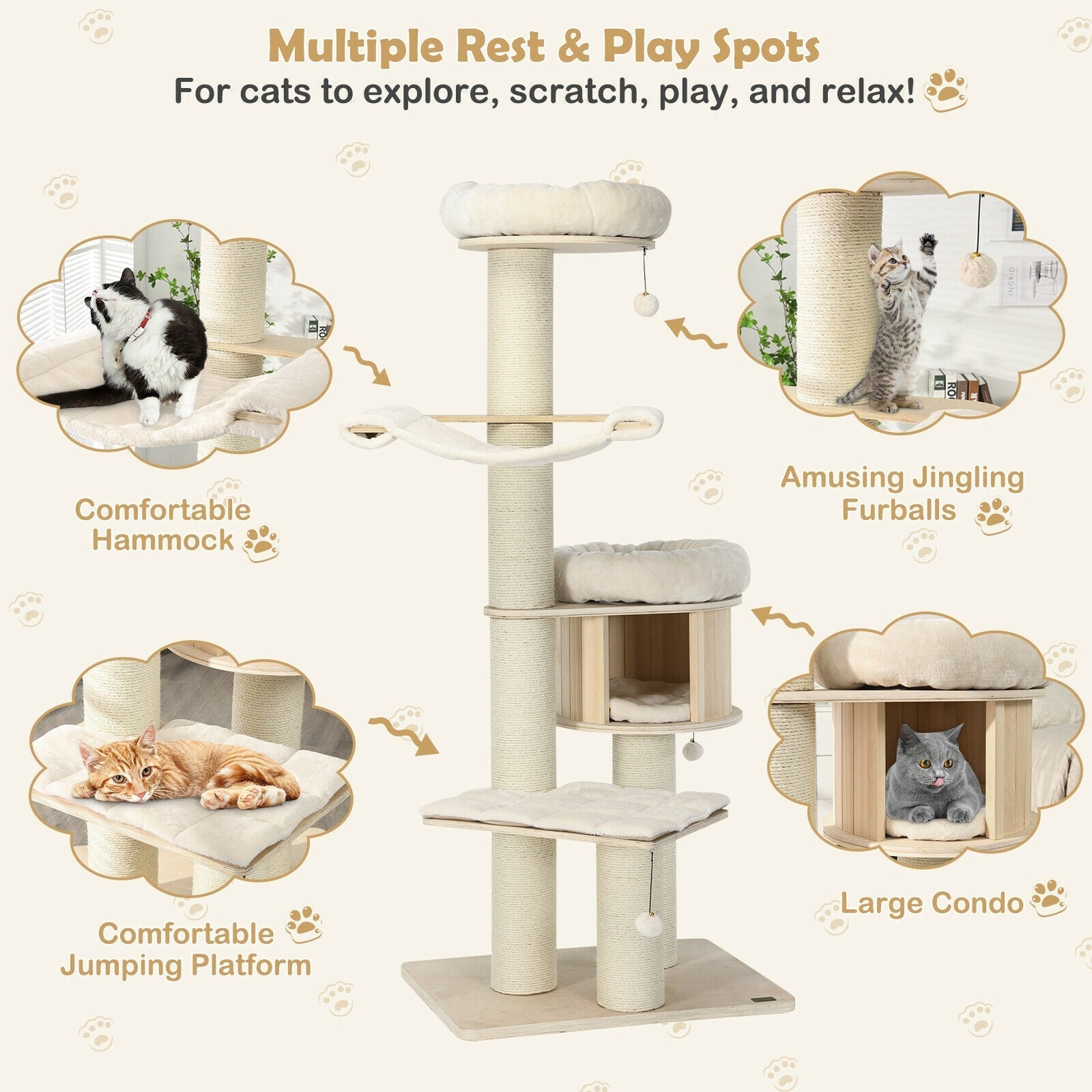 4-Layer 68.5-Inch Wooden Cat Tree Condo Activity Tower with Sisal Posts-Natural - Majestic Pet Kingdom