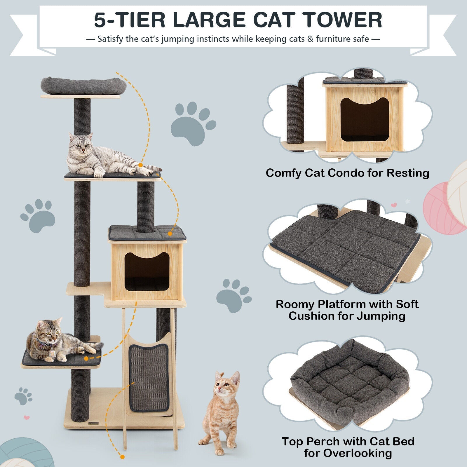 5-Tier Modern Wood Cat Tower with Washable Cushions-Gray - Majestic Pet Kingdom