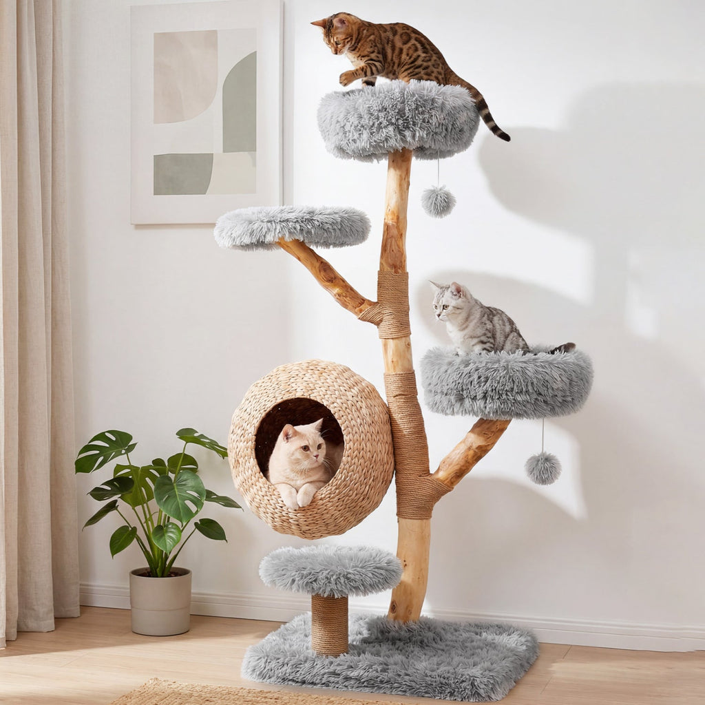 5-Tier Wooden Cat Tree with Woven Condo Plush Perches Jute Posts & Balls - Majestic Pet Kingdom