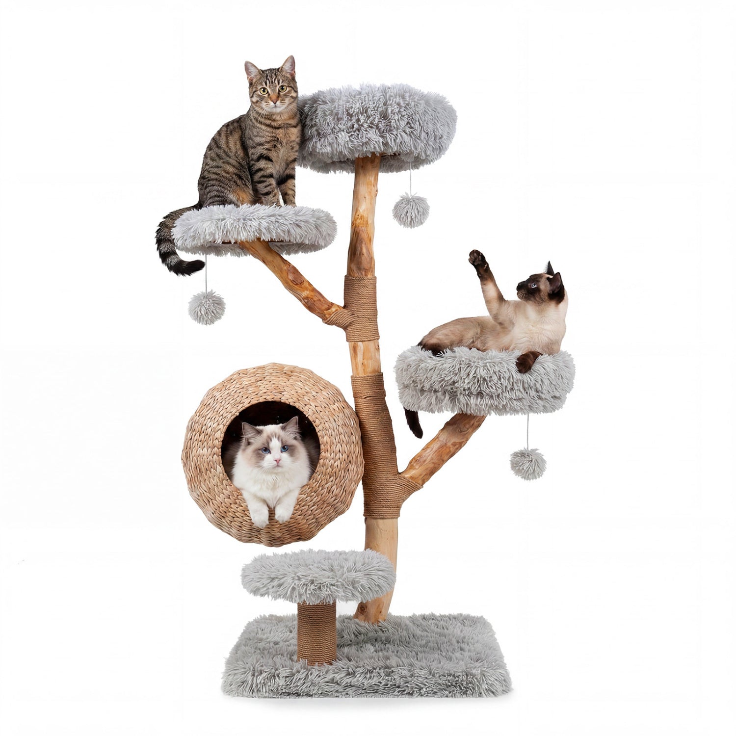 5-Tier Wooden Cat Tree with Woven Condo Plush Perches Jute Posts & Balls - Majestic Pet Kingdom
