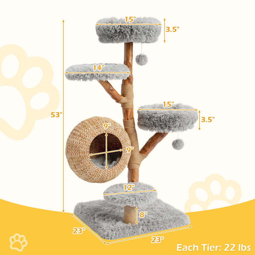 5-Tier Wooden Cat Tree with Woven Condo Plush Perches Jute Posts & Balls - Majestic Pet Kingdom
