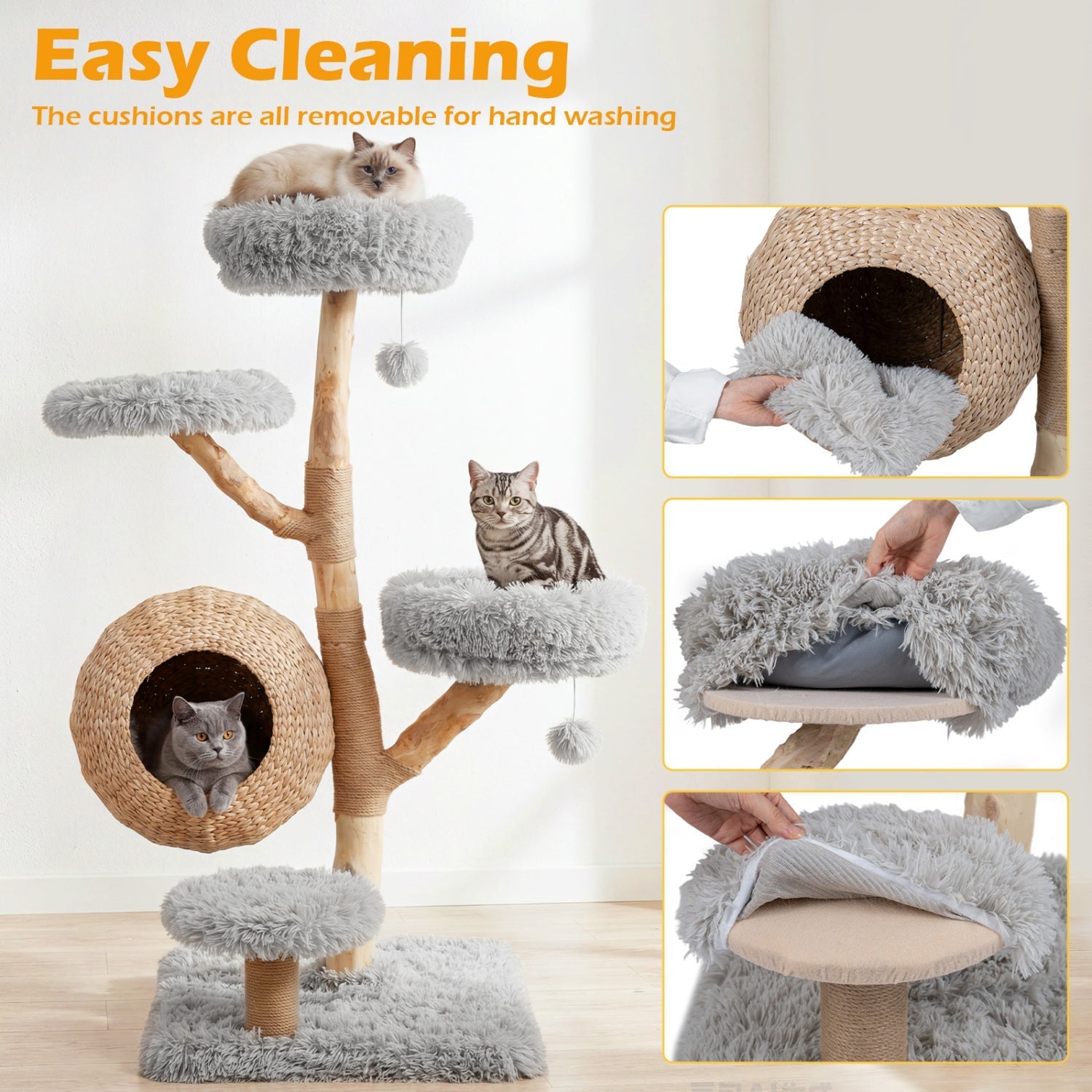 5-Tier Wooden Cat Tree with Woven Condo Plush Perches Jute Posts & Balls