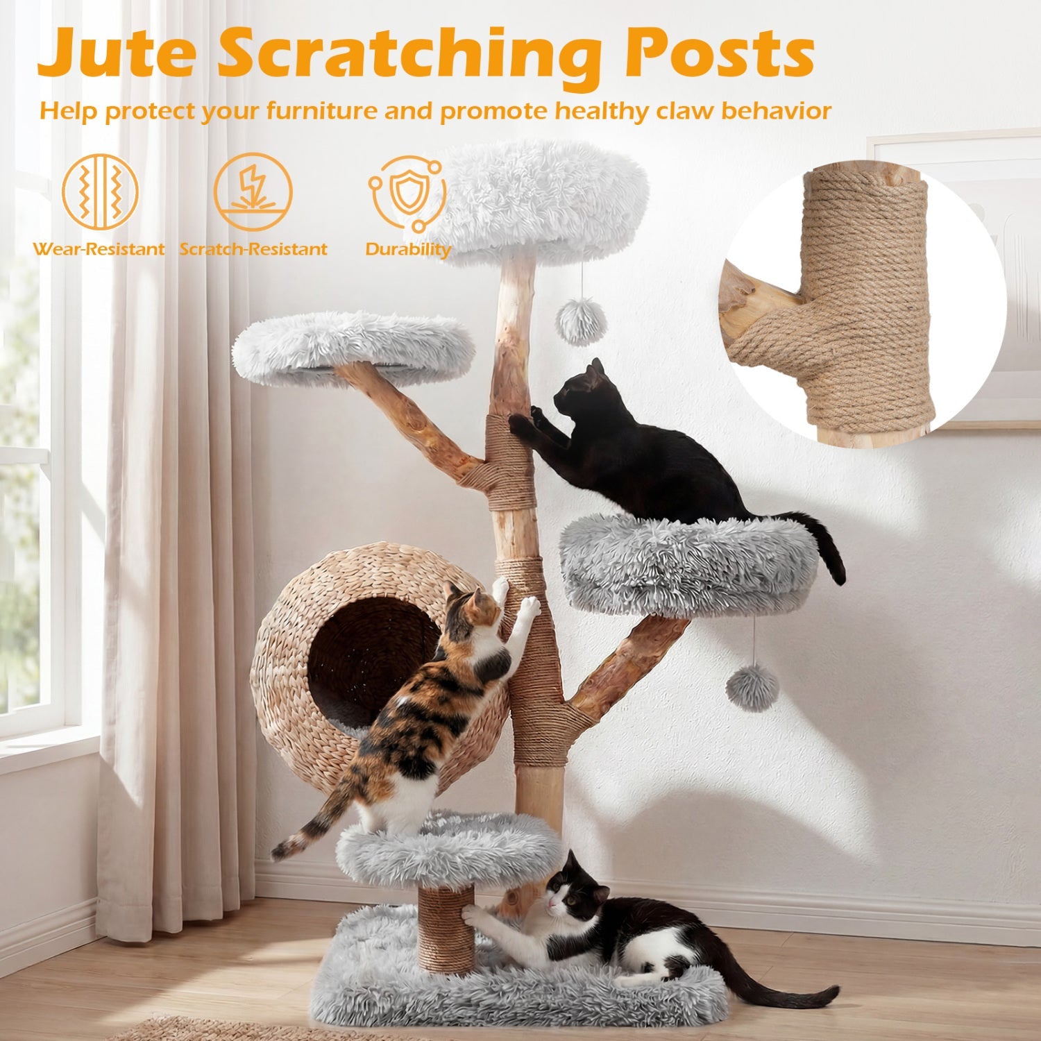 5-Tier Wooden Cat Tree with Woven Condo Plush Perches Jute Posts & Balls - Majestic Pet Kingdom