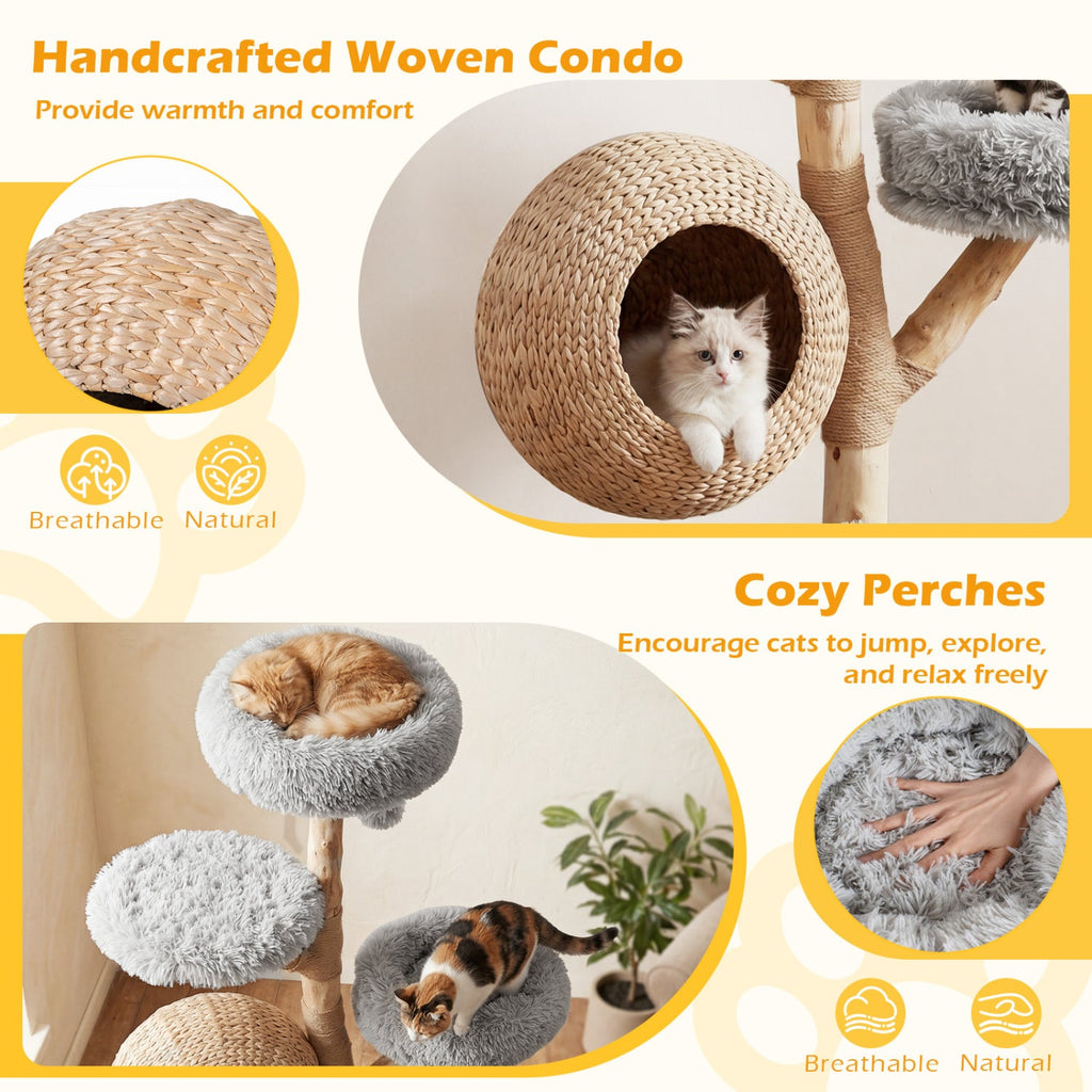 5-Tier Wooden Cat Tree with Woven Condo Plush Perches Jute Posts & Balls - Majestic Pet Kingdom
