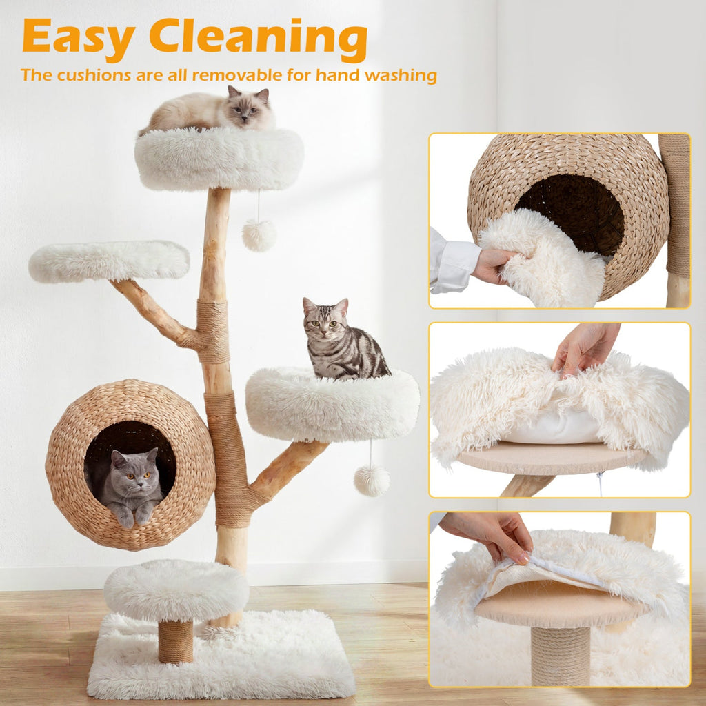 5-Tier Wooden Cat Tree with Woven Condo Plush Perches Jute Posts & Balls - Majestic Pet Kingdom