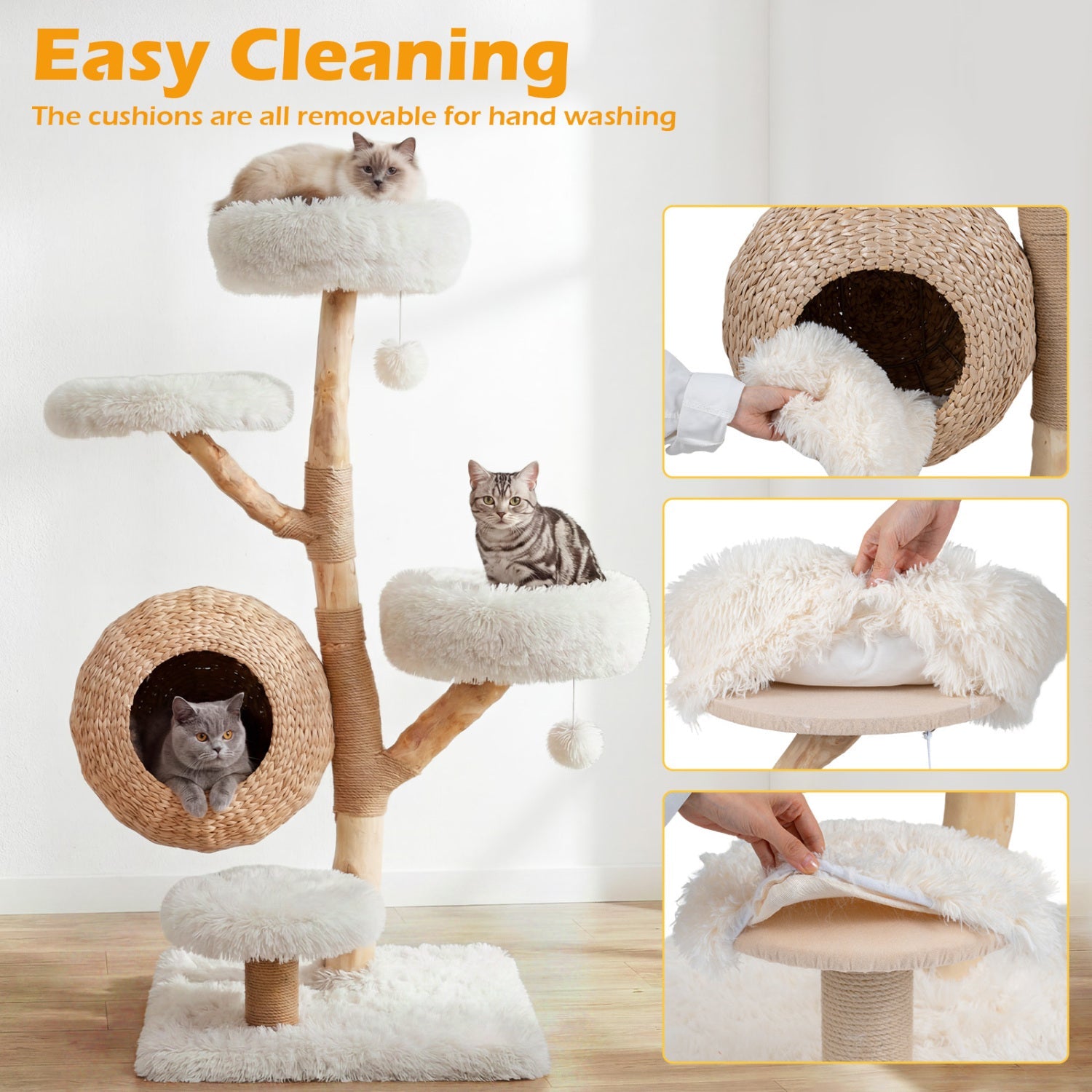 5-Tier Wooden Cat Tree with Woven Condo Plush Perches Jute Posts & Balls - Majestic Pet Kingdom