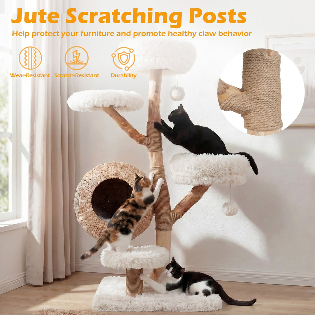 5-Tier Wooden Cat Tree with Woven Condo Plush Perches Jute Posts & Balls - Majestic Pet Kingdom