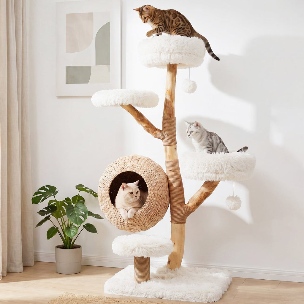 5-Tier Wooden Cat Tree with Woven Condo Plush Perches Jute Posts & Balls - Majestic Pet Kingdom