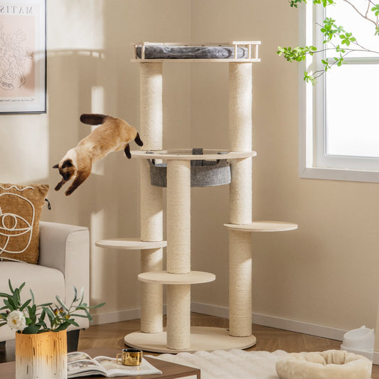 5-level Wooden Cat Tree with Padded Perch Non-woven Hammock-Gray | Purrfect Pet Kingdom