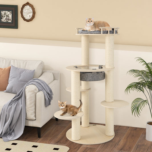 5-level Wooden Cat Tree with Padded Perch Non-woven Hammock-Gray | Purrfect Pet Kingdom