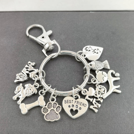 Pet Keychain Best Friend Dog Bone and Paw Print Metal Charm - Main Feature View | Majestic Pet Kingdom