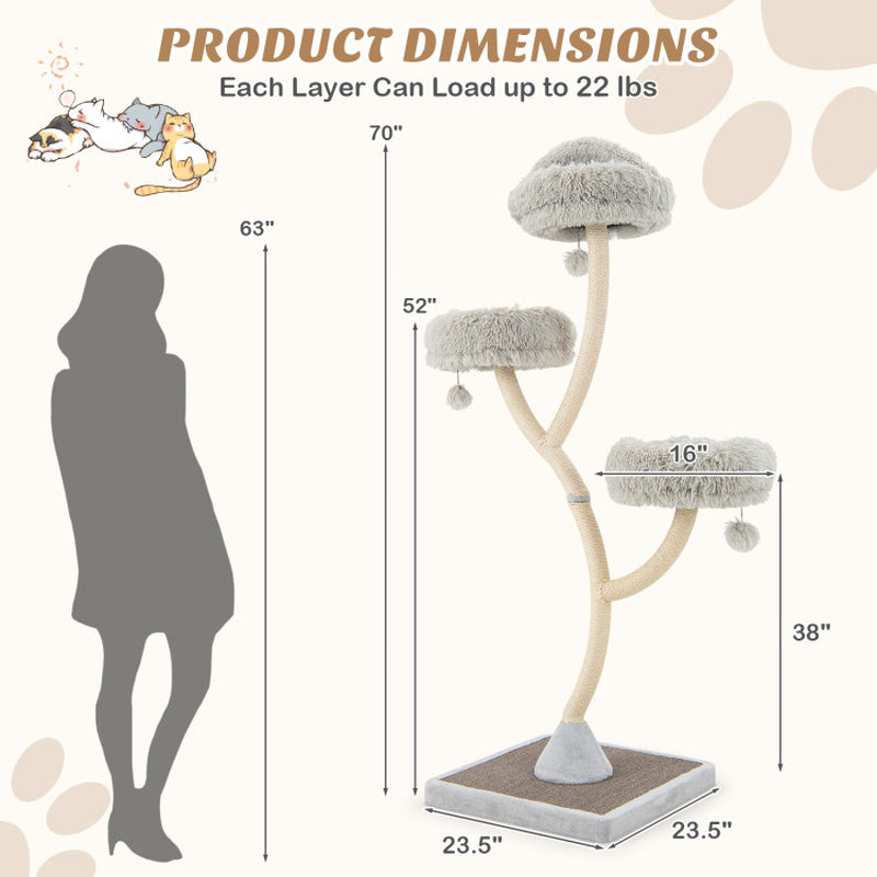 70" Tall Metal Cat Tree Tower with 3 Plush Perches & Sisal Scratching Posts - Majestic Pet Kingdom