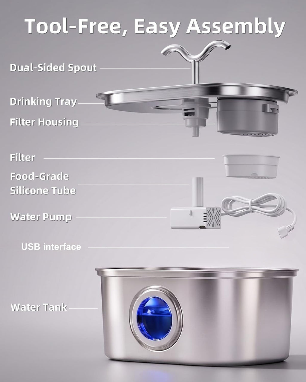 Stainless Steel Cat Water Fountain, 108oz-3.2L Pet Water Fountain For Cats Indoor, With Dual Spouts For Multiple Cats, Ultra-Quiet Automatic Dog Water Dispenser - Majestic Pet Kingdom