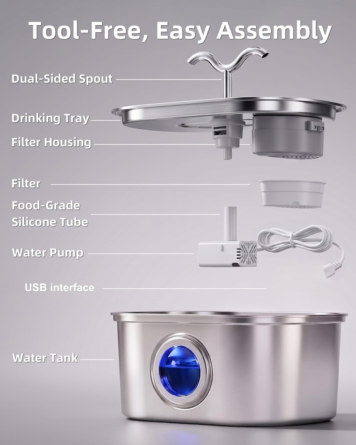 Stainless Steel Cat Water Fountain, 108oz-3.2L Pet Water Fountain For Cats Indoor, With Dual Spouts For Multiple Cats, Ultra-Quiet Automatic Dog Water Dispenser - Majestic Pet Kingdom