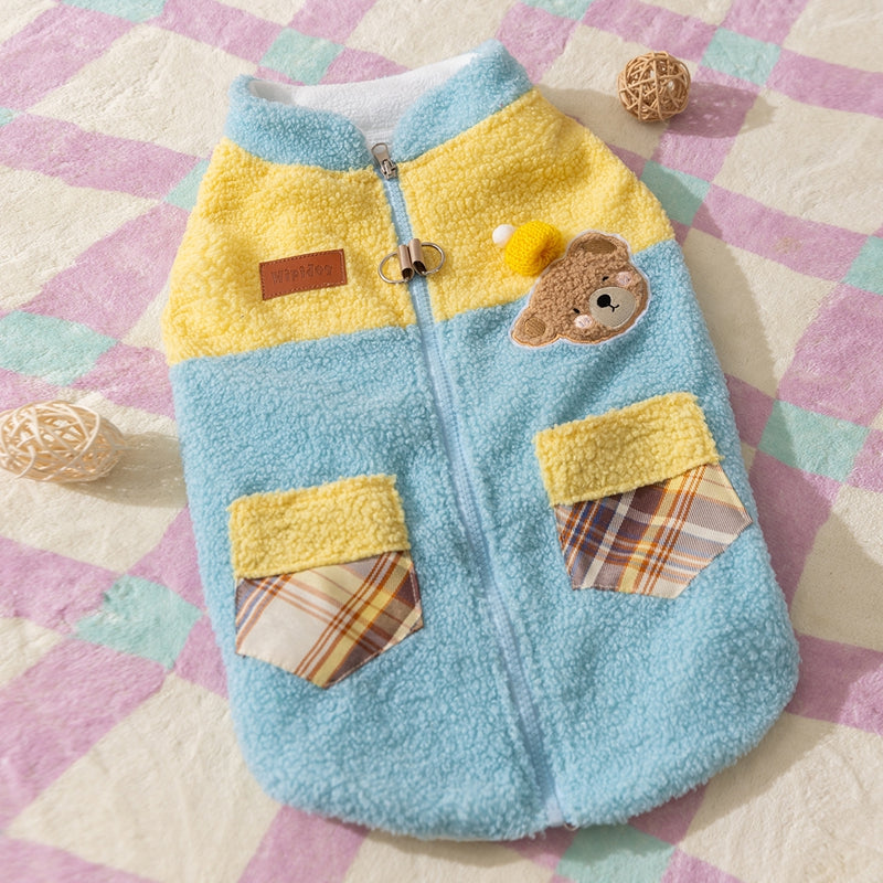 Cute Bear Embroidered Pet Fleece Jacket With Plaid Pockets, Warm Zippered Dog Coat With Leash Ring For Small Dogs - Majestic Pet Kingdom