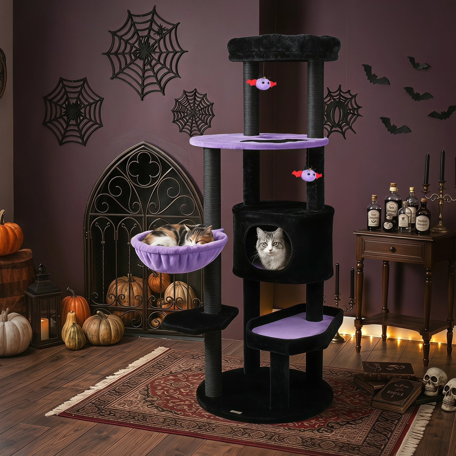 60" Gothic Cat Tower with Plush Perch and Hanging Toys - Majestic Pet Kingdom