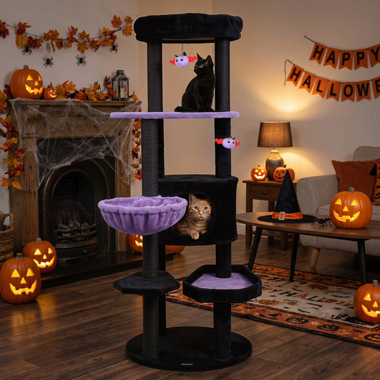 60" Gothic Cat Tower with Plush Perch and Hanging Toys - Majestic Pet Kingdom