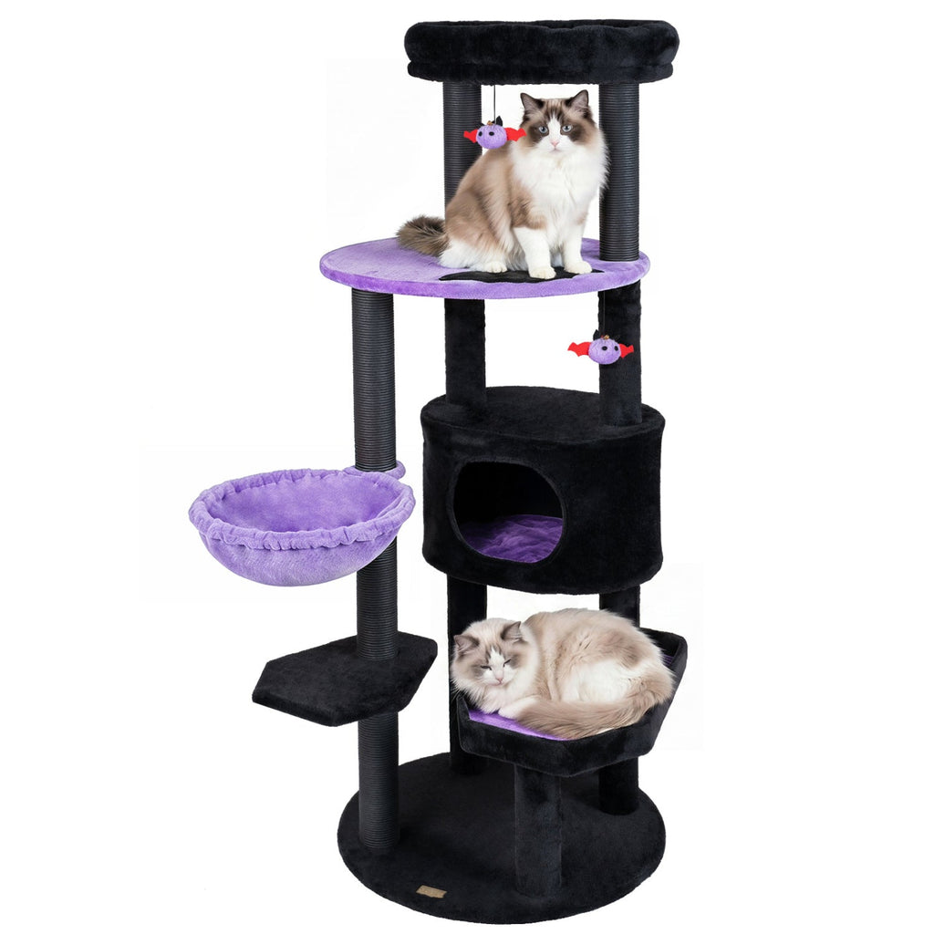 60" Gothic Cat Tower with Plush Perch and Hanging Toys - Majestic Pet Kingdom