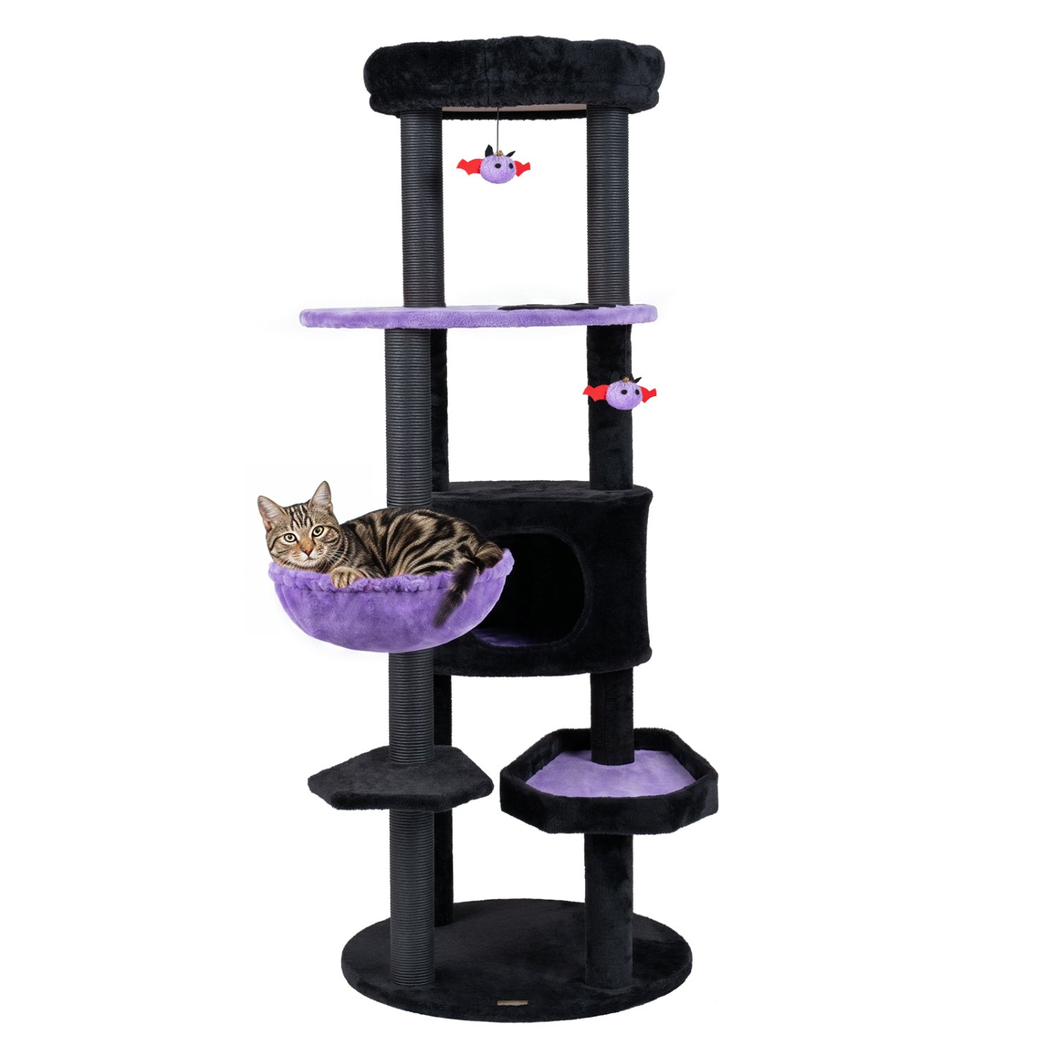 60" Gothic Cat Tower with Plush Perch and Hanging Toys - Majestic Pet Kingdom