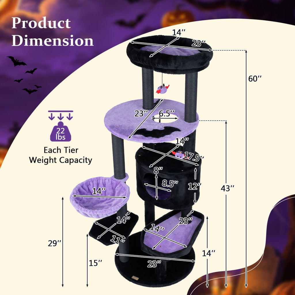 60" Gothic Cat Tower with Plush Perch and Hanging Toys - Majestic Pet Kingdom
