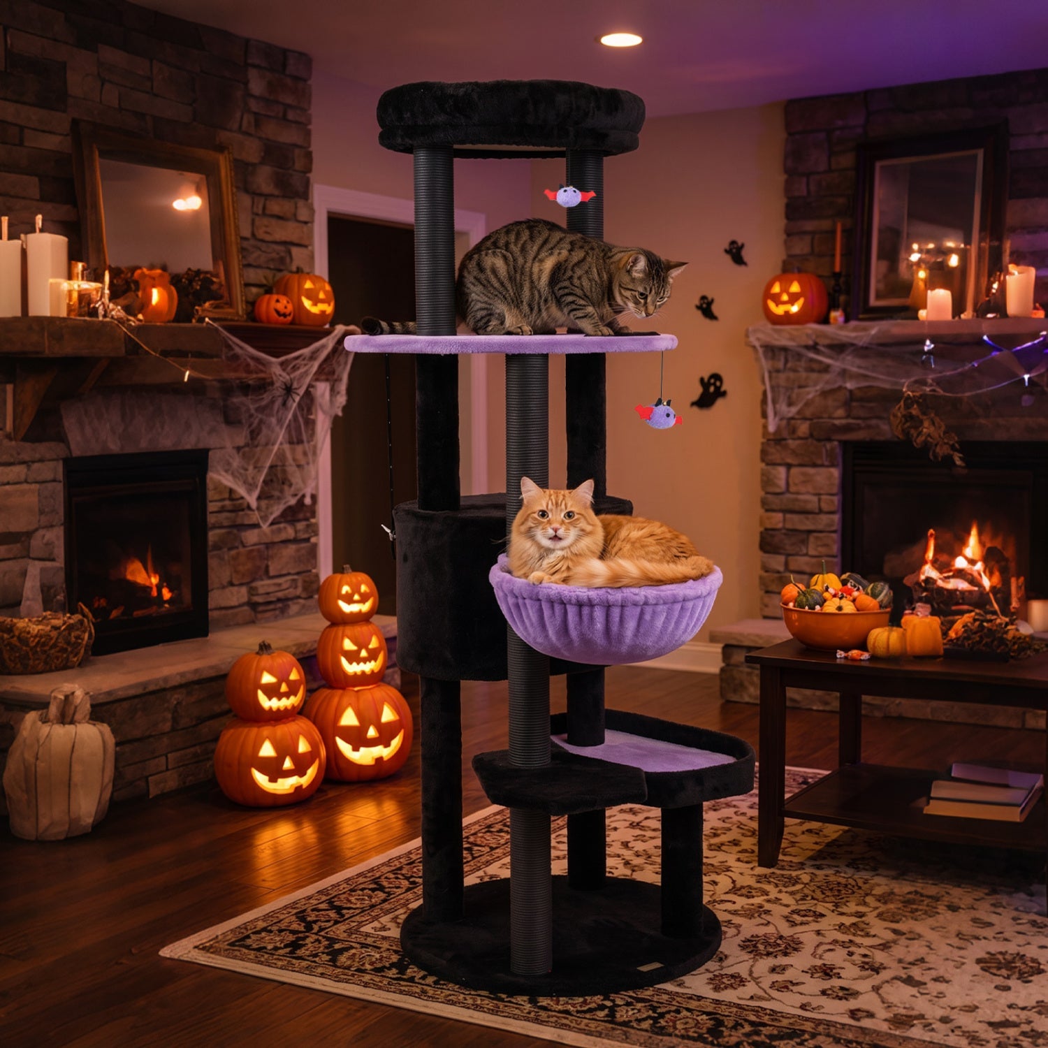 60" Gothic Cat Tower with Plush Perch and Hanging Toys - Majestic Pet Kingdom