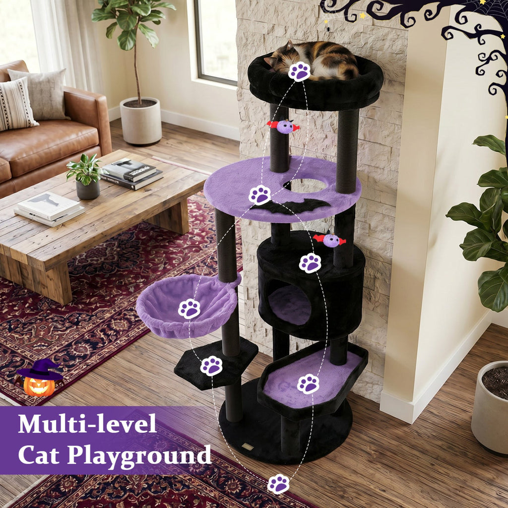60" Gothic Cat Tower with Plush Perch and Hanging Toys - Majestic Pet Kingdom